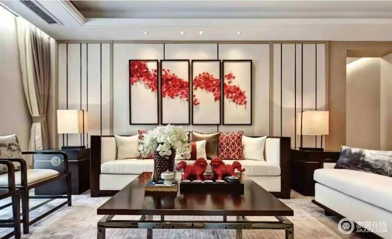 客厅的几何背景墙搭配红色调的画作为装饰点缀，营造的是极富中国浪漫情调的生活空间，浓郁的东方之美；新中式沙发的质地突出了一种端庄之美。
