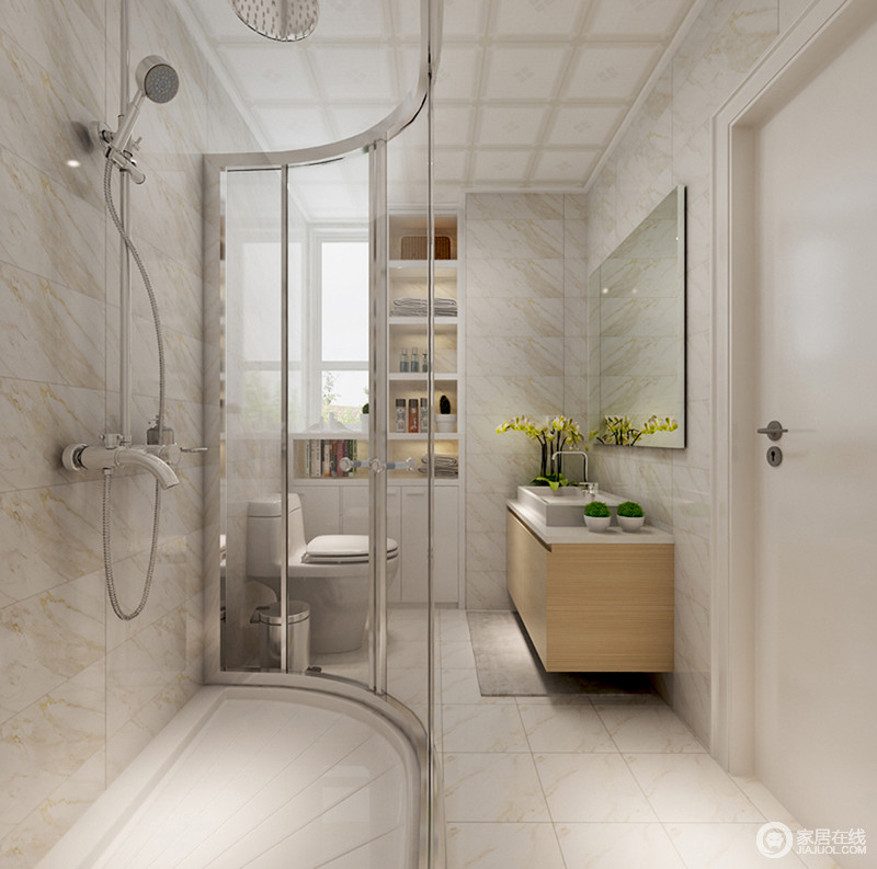 卫生间布局精良，米白色铺贴出冷冽的空间，并组合出紧凑而富有动感的生活，弧形玻璃增加了卫浴间的现代感。