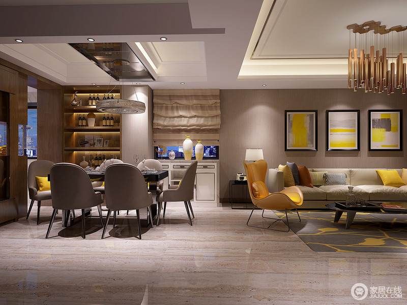 餐厅与客厅在动线上保持一致，在色彩和材质上形成呼应，并以天花的演绎划分空间区域。内嵌的展示架与边几柜，增添了空间上的多功能储物方式。