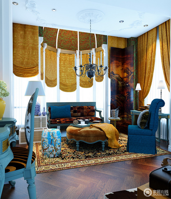 空间中利用色彩碰撞来营造出夸张的空间，让你好奇设计师的设计心意；蓝色的桌椅板凳和黄色的窗帘布艺创造了一个跳跃感极强的空间。