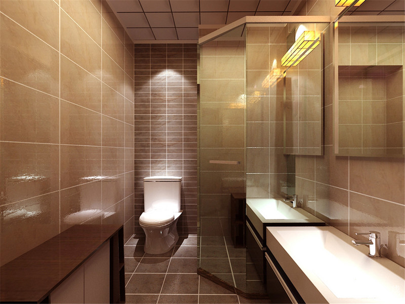 卫生间以咖灰色砖石为主，铺贴出几何效果，简洁大气；设计师以实用为出发，将转角的位置打造为淋浴区，干湿分区设计便于生活；矩形盥洗台的简单而实用，显露出现代设计的人性化。
