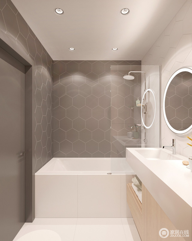 木镶板和玻璃淋浴墙完成这个简单的和现代设计。