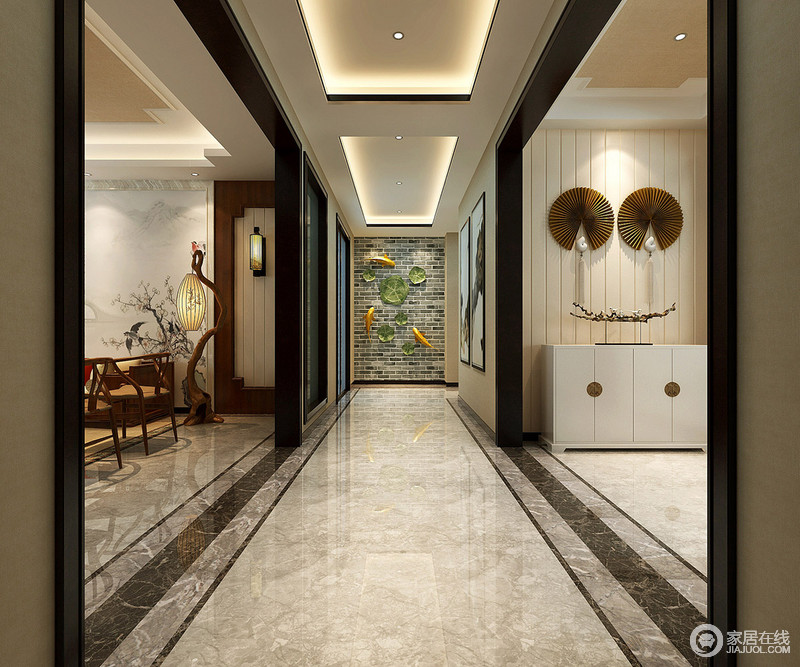 走廊通过深浅不一的砖石线条来体现几何之美，灰色的优雅与尽头的仿古砖统一了格调，古旧而素雅；挂画丰富了生活的视角，客餐厅与其形成互动，让中式与现代有效融合。