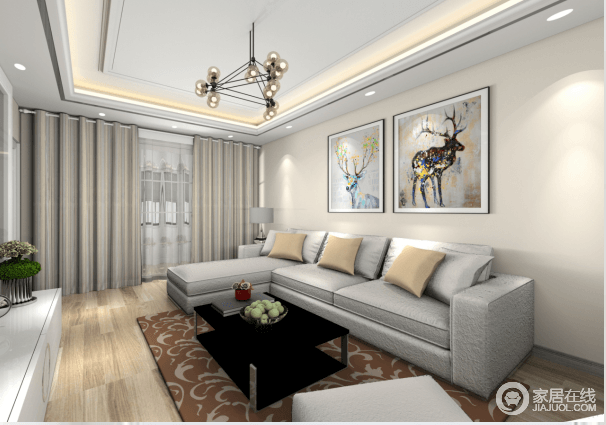 客厅是一个汇聚的地点，是人流次数最多的区域，也是整个空间的流动线的重点。对于客人来访，也是主要招呼客人的地方，所以要注重客厅的色调、材质、背景墙、家具、配饰等方面的设计，而浅灰色沙发搭配米色墙面，营造一种柔和与朴质，让空间更为温和。

