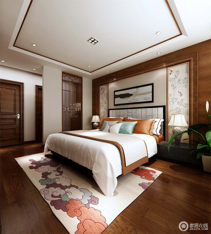 卧室背景采用木作造型，搭配中式韵味的壁纸，抽象而富有意境的泼墨画作，为卧室增添书香韵味。