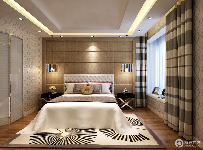 卧室的地毯从太阳汲取灵感，以黑白两色来勾画图案，形成了一个兼具时髦与经典的艺术，令中性调的空间少了沉闷愈乏味，更显舒适和温馨。