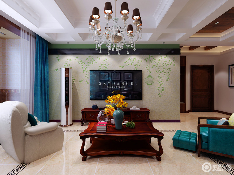 本案客厅采用明快色调 客厅作为待客区域，一般要求简洁明快，同时装修较其它空间要更明快光鲜。