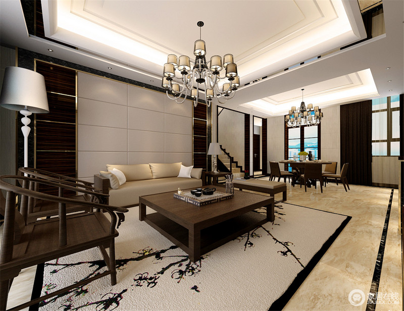 客厅以黄色为主调展现了一个休闲的氛围；休闲的木制沙发配合白色的软垫、仿古地砖展现出和谐宁静的家居生活气氛。