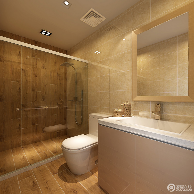 卫生间以浅黄色的大理石砖和原木色拼接铺设墙面和地板，透明的茶色玻璃，隔离出淋浴区，使干湿分离。搭配白色的洁具，使空间看上去温馨、宁静和怡然。