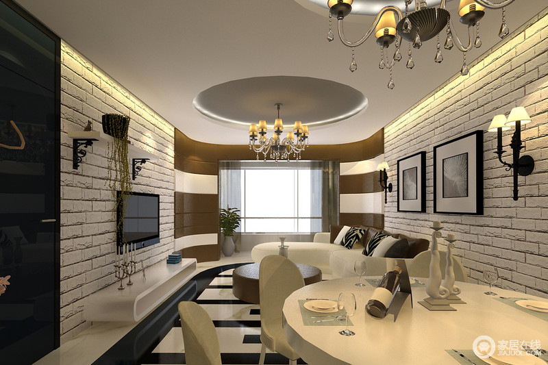 客厅中为了减轻白色砖墙的空间感，将电视悬挂起来，来增强色彩对比，并与地面的黑白条纹拼凑出现代摩登；咖色圆形茶几与圆弧状的立面色彩相近，尤为尊贵大气。