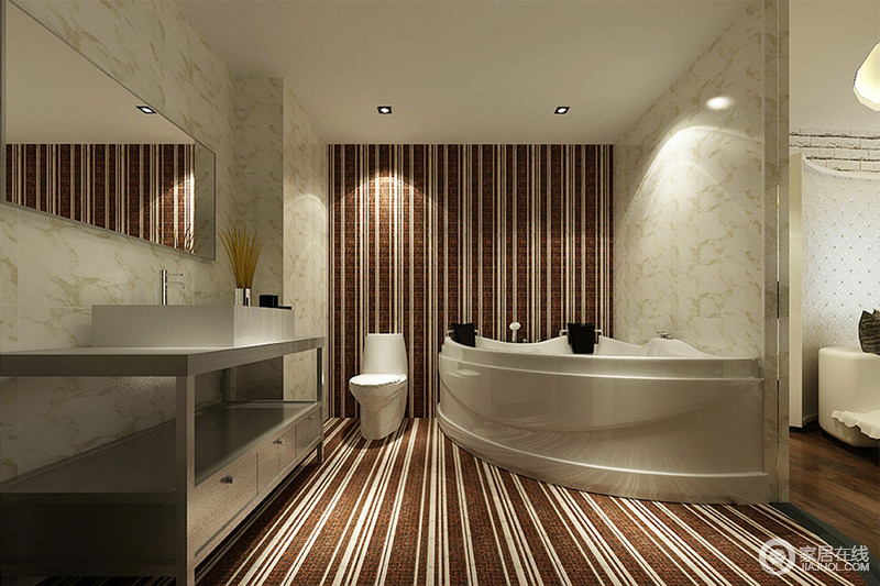 卫浴间利用咖色和白色条纹相间的砖石来装扮地板和墙面，让卫浴间改变了平铺直叙，多了些形质上的改变；恰当地利用浴缸将角落的区域利用起来，增加了实用性和美观性。