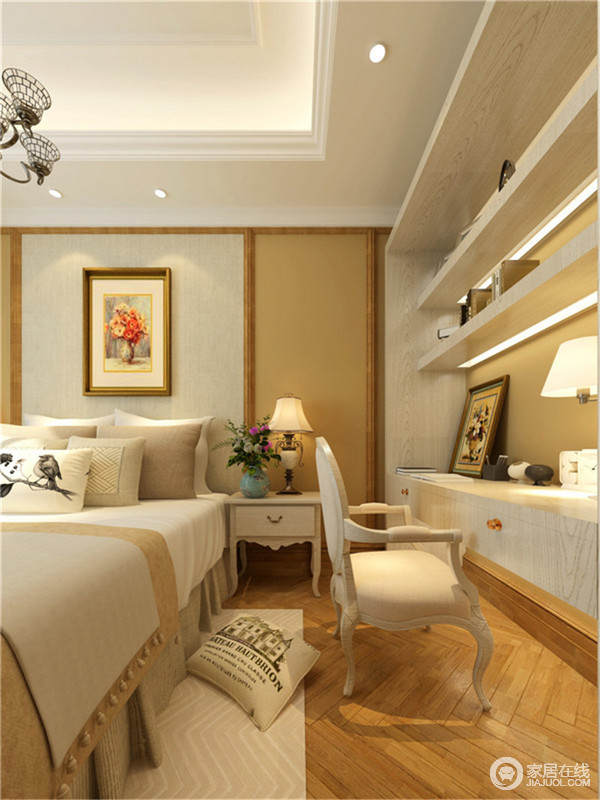 主卧室整个空间和谐统一，以米白色的家具为主轴展现简洁明亮的格局，