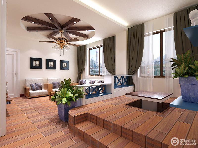 蓝白镂空隔断划分出客厅与休闲区，休闲区则以升降式榻榻米为主，为了与客厅保持一致，同样以原木板打造，使空间宁静自然且休闲实用。