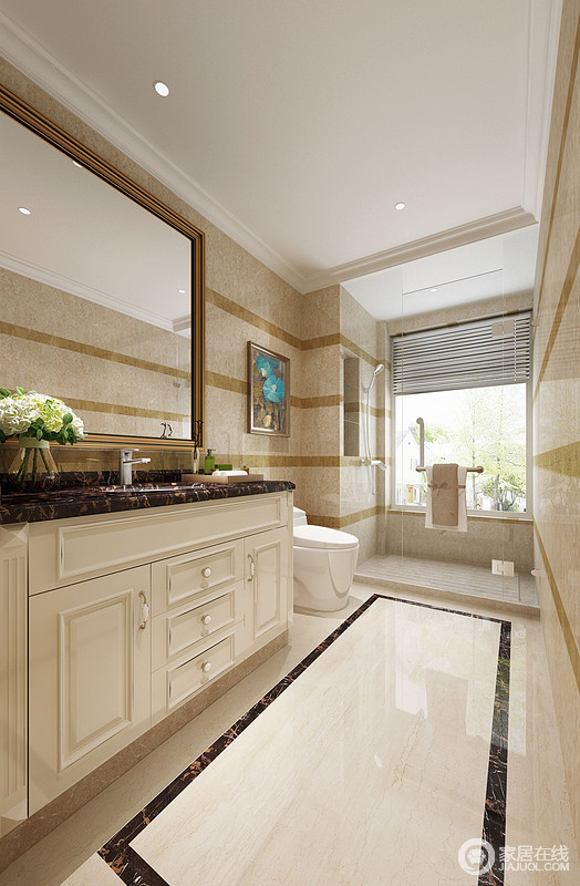 卫生间以米色砖石铺贴墙面和地面，并利用黄色和褐色砖石来勾边，形成一种几何的动感；玻璃淋浴房的设计使得整个空间采光充足，而白色盥洗台实用之外，更显利落。