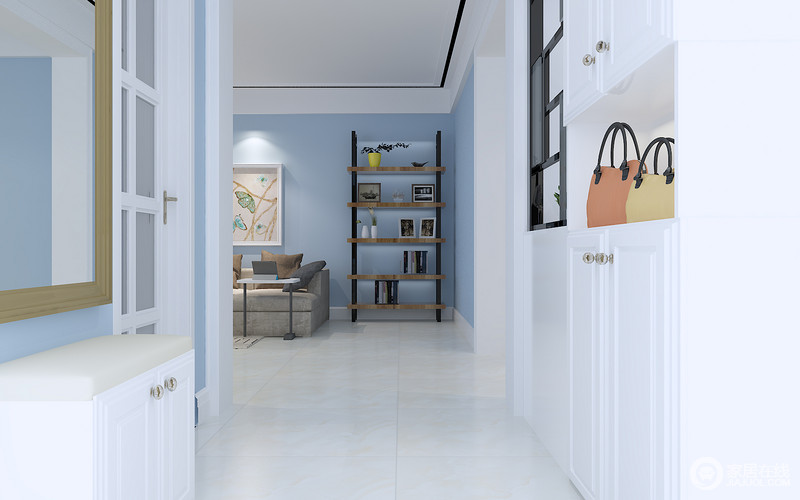 走廊置物架上设计师摒弃了传统柜子的厚重感，利用铁架和木板结合，为空间增添几分艺术气息，同时张扬着简约与实用；蓝白色调的搭配让整个空间清灵、隽永。