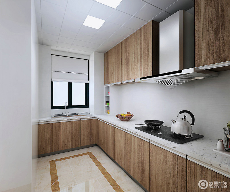 厨房在空间布置上非常的简约，原木上下柜的组合与打底背景的纯白，展现出鲜明的层次感，同时提升空间的明亮度；L型的设计，也使空间得到充分的利用，增加空间上的存储功能。