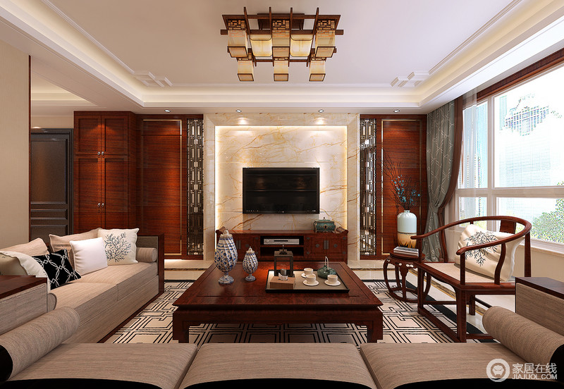 现代中式沙发整体大气，与木质圈椅、花凳自由组合，用现代工艺去演绎传统文化的奥义和精髓。电视墙的褐木则用典雅的中式气息，去打造富有现代特色的雅居空间。