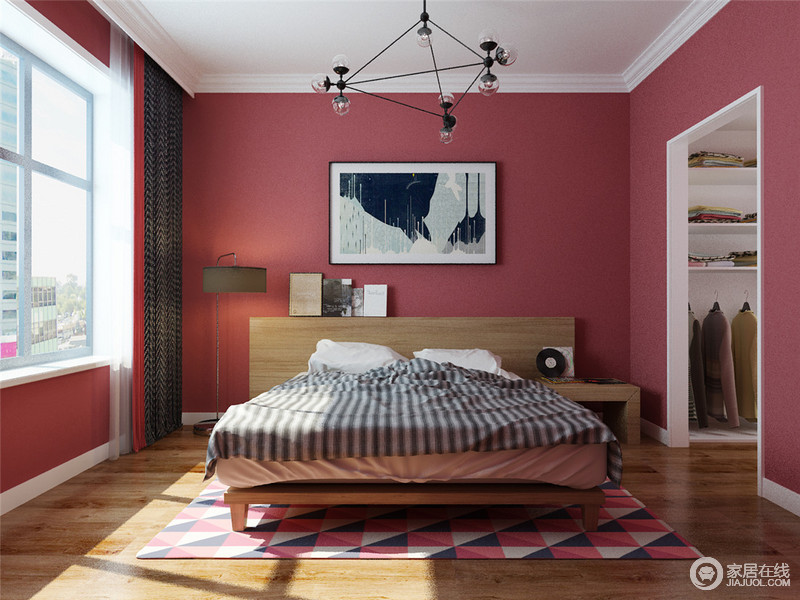 饱和度高的鲜艳热情红色和冷静的白色相结合，绝对是干净漂亮又温馨的叫人亮眼的绝佳搭配设计。极具质感的吊灯，让整个卧室显得更有设计感，亮眼而不张扬。