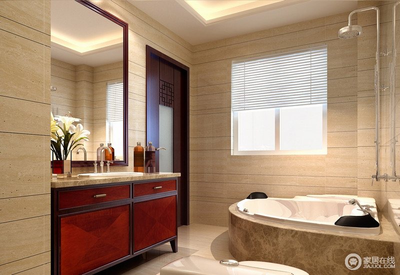 淡黄色的砖面瞥见难掩的中式温情，虽然盥洗柜较为时髦，但是丝毫不减中式雅韵，朱红色与褐木打造出一个复古的艺术，也改善了卫浴间过于陈旧的仿古质感。