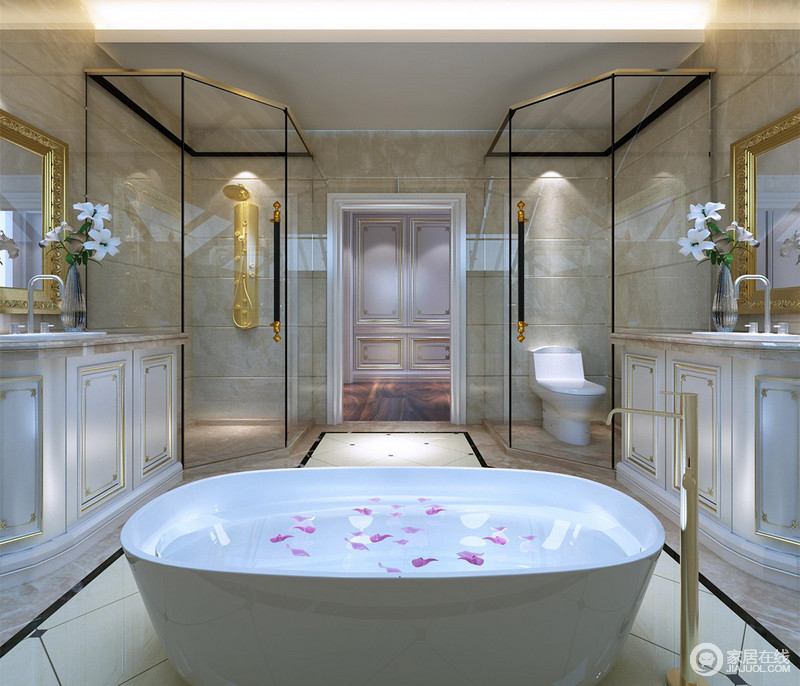 卫生间以对称的手法进行了双面营造，利用清透玻璃彻底优雅的隔离出干湿区域。双盥洗台适合多人同时使用，简洁的浴缸提供高格尊享。局部的金色装饰，强调了空间的奢华贵气感。