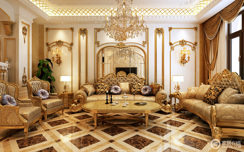 客厅犹如镶金带银，处处流光溢彩，巴洛克之风在空间中徜徉着自由而华美，古典家具独显皇家尊贵，在璀璨灯光的掩映下，一派珠光宝气。