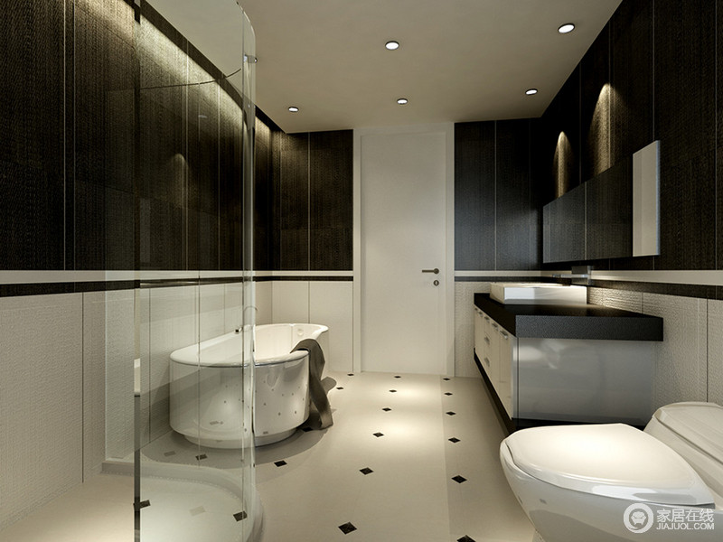 卫生间以经典黑白色为主，尽展深邃魅力的空间气度。在空间洁具的陈列上采用了均衡对称的手法，形成空间视觉的平衡。圆弧型玻璃有效隔离出淋浴区，分离了空间的干湿区域。