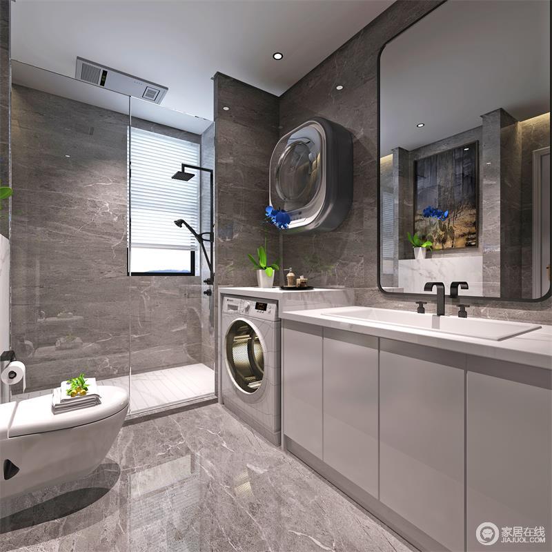 卫生间采用白灰基调，通过砖石和盥洗柜的形式来表现素雅，同时让空间不失实用性，再加上干湿分区，更是简单、贴心。