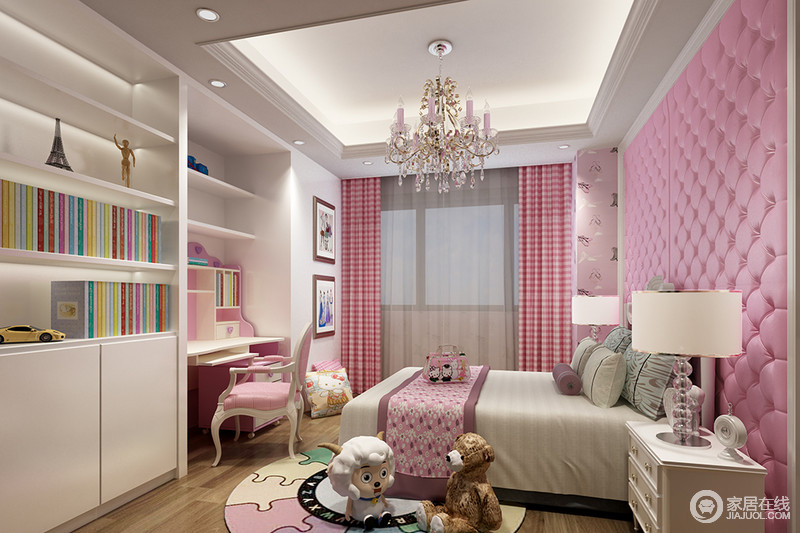 卧室改变了对整个设计的印象，大量的粉色被运用在空间中，是对美好生活的向往；阅读学习区将实用性发挥到最大值，兼具着收纳和使用的双重功效。