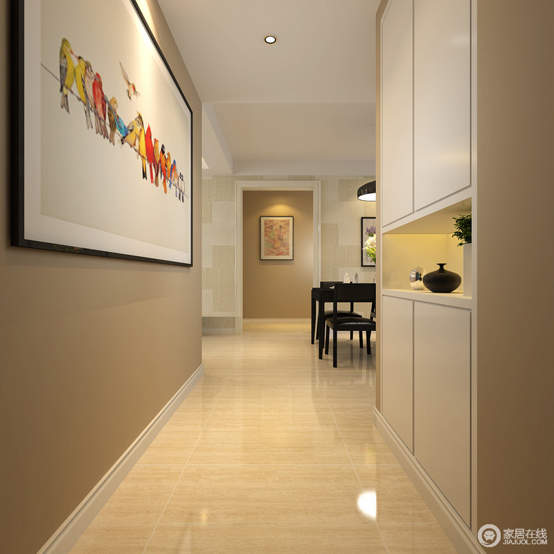 走廊干净利落，色彩多娇的白鸟图挂画和简约木立柜打造出形悦双绝的空间。