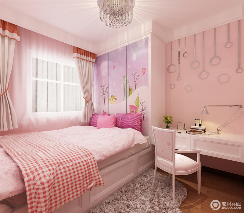 儿童房是“轻装修，重装饰”的代表，设计师通过粉色壁纸与床品来渲染浓浓的粉色基调，充满了甜蜜；同时将衣柜与床体的结构连为一体，与白色书桌和现代古典的椅子呈净丽，让空间不失柔美。