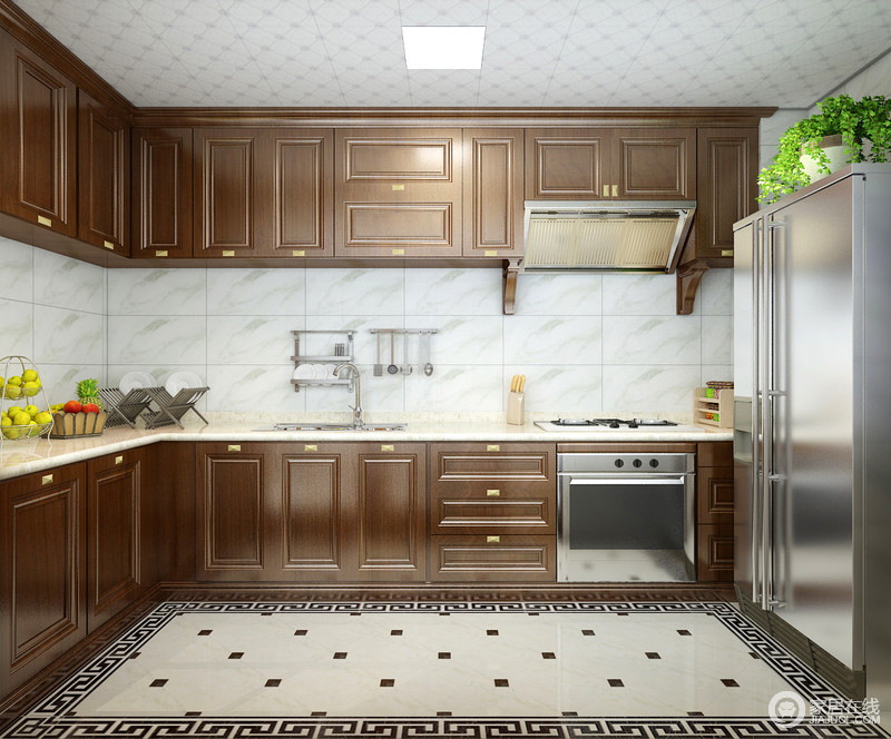 木头与理石的材质混搭，一深一浅的色彩相映，厨房将刚柔并济纳入和谐的整体设计中。银灰色的家电与绿植的点缀，为空间增添几分层次，丰富的收纳形成空间上的整洁清爽。