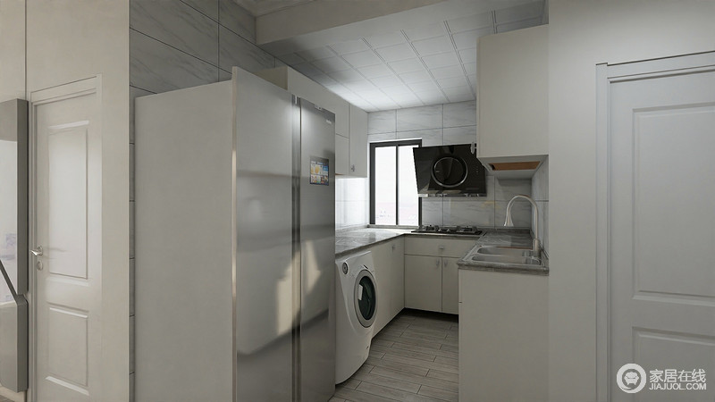 厨房内部布置的紧凑且简约，U型的设计让空间得到充分使用；白色的橱柜与灰色台面辉映着背景的灰白瓷砖，风格上和谐统一；家电也被巧妙的安排，显得井然有序。
