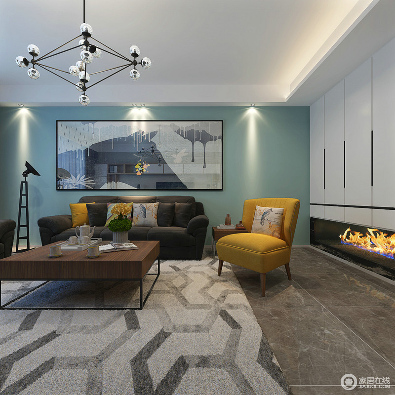客厅以冷色调蓝色来粉刷墙面，简易的画作与其形成清雅，咖色和明黄色沙发以对比令空间愈显摩登，同时以实用性来表现质感；简约的实木茶几和灯具在灰色几何地毯的衬托中愈显素雅。