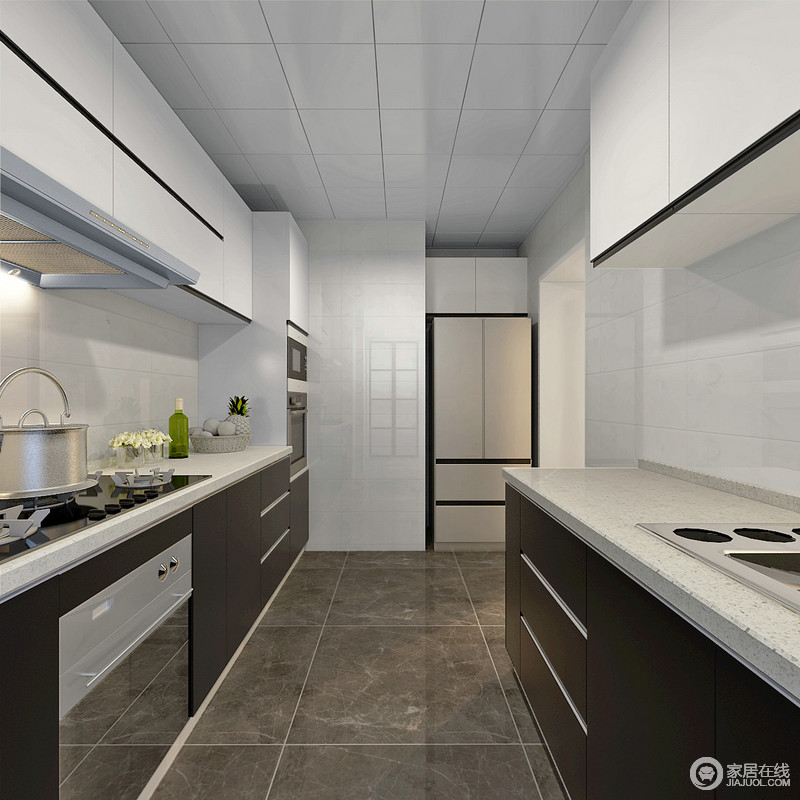 灰色地砖和白色吊顶以对比突显简单优雅，而黑白定制橱柜简约之中具有强大的收纳功能，也令厨房生活愈加现代感；颜色的冷暖碰撞出一种新的味道，随性、唯美且贴近自然，提升了生活品味。