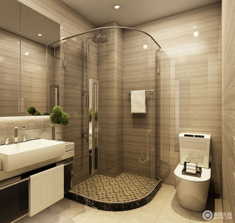 灰色系的大理石卫生间，风格虽然偏现代风，但是装饰简朴低调内敛，与整体风格相得益彰。弧形的玻璃淋浴房隔离了干湿区域，黑白卫浴的搭配，简约立体。