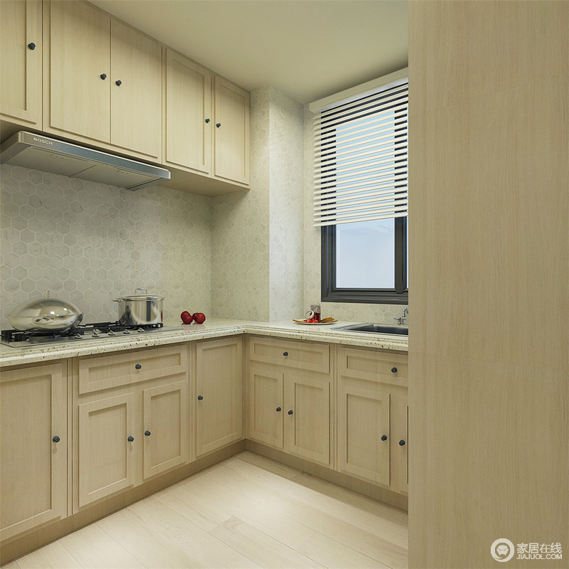 小户型的厨房最适合L型空间设计，摒弃花色，采用最淡彩的六角形图案瓷砖，营造相对明快的空间色调。浅木色整体橱柜，在风格上更具现代温婉的气息，整体空间呈现一种素雅的美。