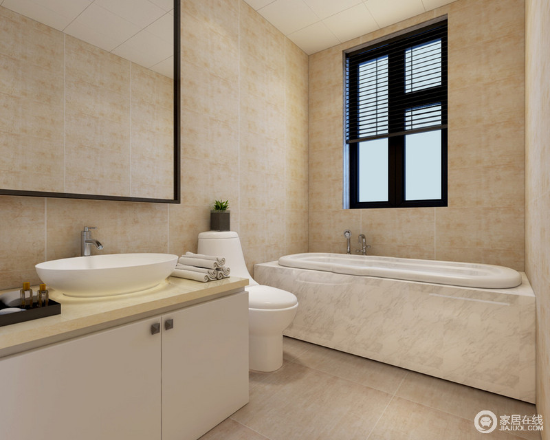 卫生间以细腻纹理的浅米黄色大理石装饰，散发着温暖柔和的气息。搭配白色的洁具，显得清新淡雅。大面积的浴室镜，拉伸着空间视觉，无形中放大了空间。
