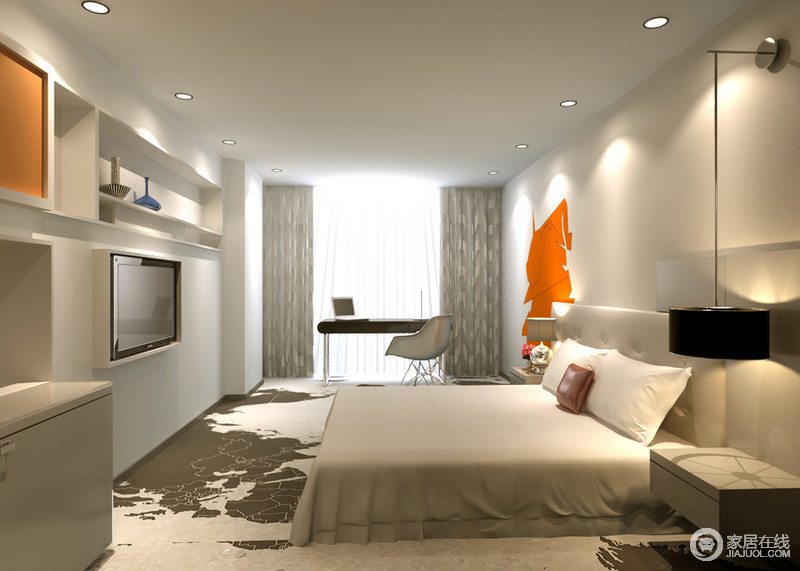 卧室大面积纯净白色，令空间一尘不染的同时，愈加清冷单调；局部点缀的鲜艳橘橙色，则瞬间聚焦视觉，增加空间趣味活力；电视墙上的壁龛收纳，带来空间变化感和实用性，使得简约空间不乏功能。
