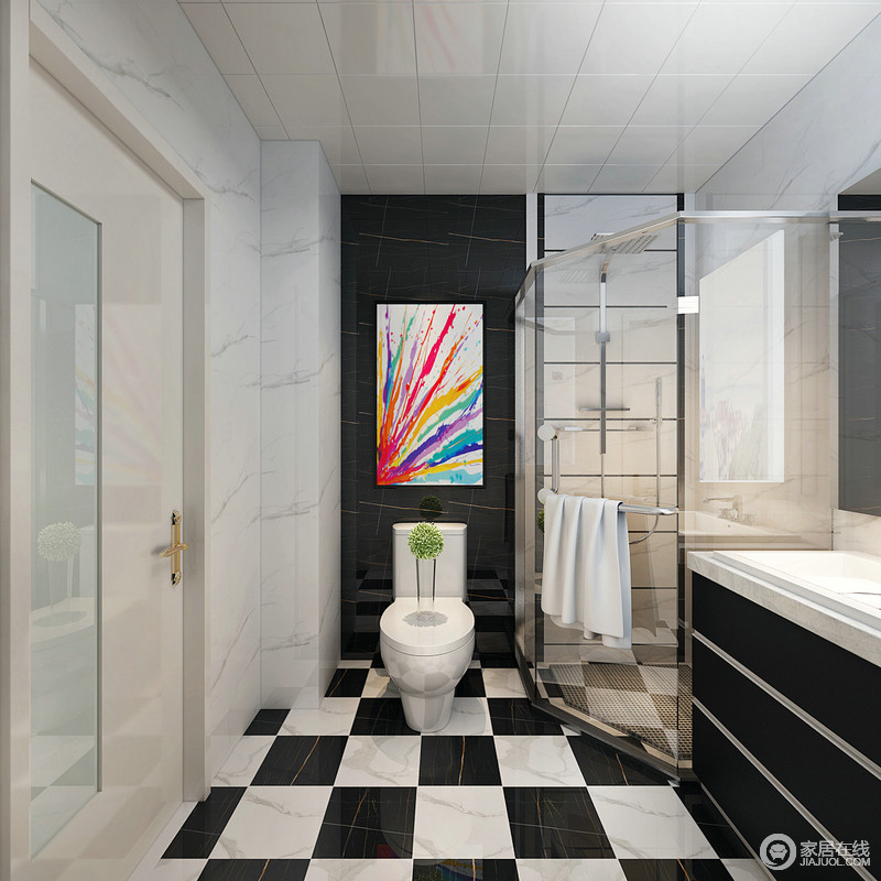 卫浴间以黑白色为主，层次清晰、色彩对比强烈，令卫浴时光变成一个时髦而节奏感强烈；黑白砖石的摩登与黑白立面的简约在一副彩色泼墨画的点缀中多了份彩色时尚，分区设计更显质感。