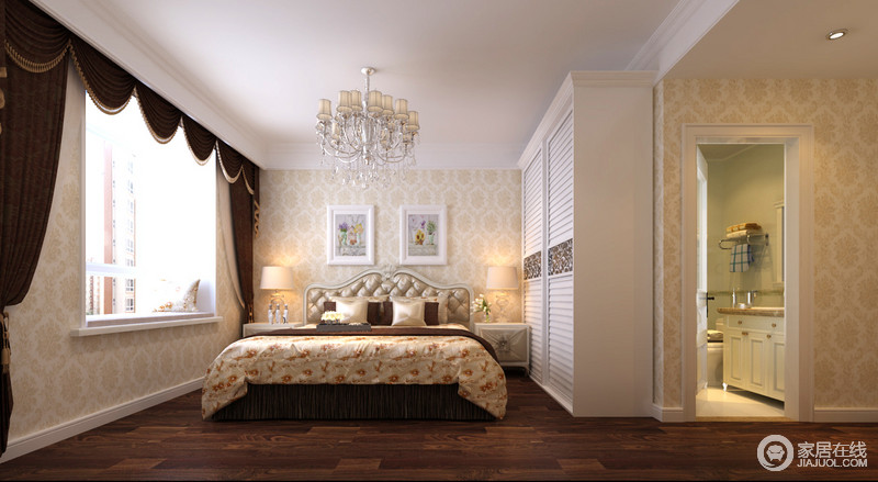 酒红色法兰绒罗马窗帘为卧室增添一份高雅古朴之美，白色衣柜自然清新将空间的品位释绎到极致。