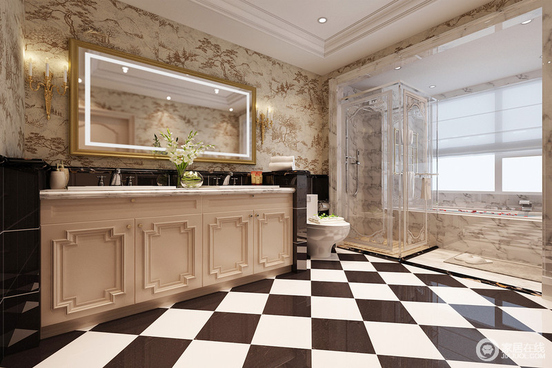 黑白方块结合的地砖增加了卫浴间的魔幻，大理石以其坚硬的材质将空间打造得利落，柜式盥洗柜既实用又与主题风格一致，相得益彰。