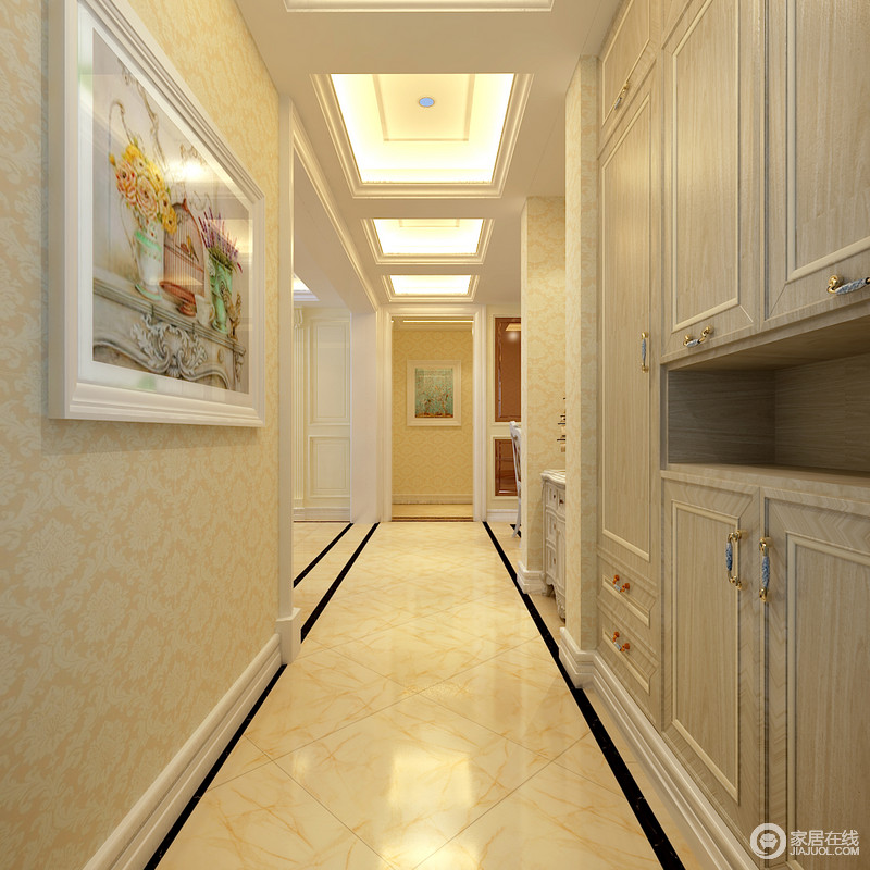 走廊清静安谧，整体式衣柜装置出实用的区域，挂画更装出些许文艺。