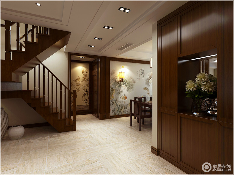 跃层空间的结构设计就是一大亮点，曲折的实木楼梯以立体的线条感呈现了富有视觉效果的设计；通过实木柜嵌入墙体的方式来增加收纳功能，并以规整的设计来体现规划的重要性。
