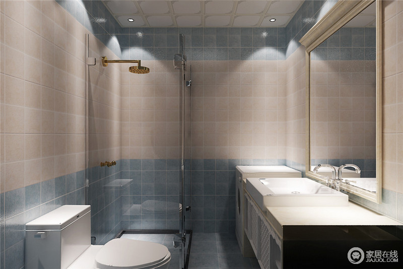 卫生间利用仿古感的瓷砖来为空间改色，蓝色与灰黄色拼接而成，层次明显，视感独特；并利用干湿分区保持卫生间的干爽度，不干扰盥洗区的实用，颇为人性化。