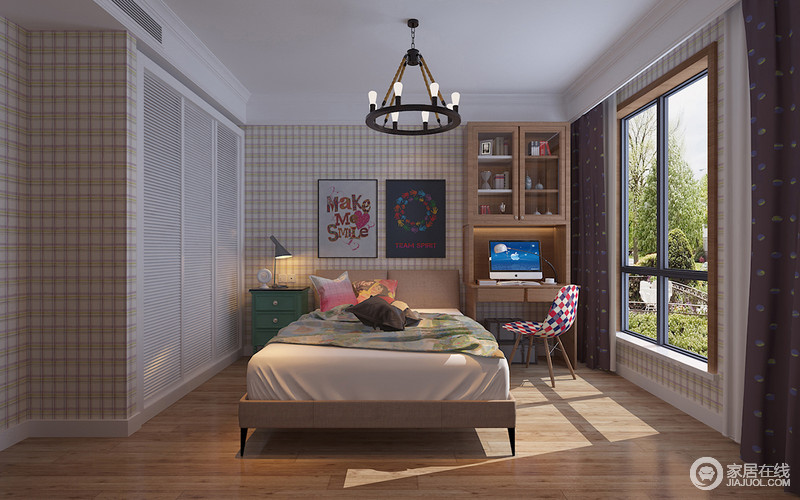 格子与波点的大面积使用，把时尚大牌的设计元素融合到家居设计中，形成空间上的时尚独特性。墨绿色的复古床头柜搭配多彩相间椅，提升了整个空间的色调和文艺特性。