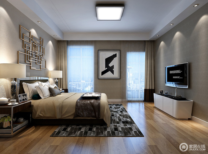 卧室以浅灰色掩盖白色立面的空阔，多了些淡色优雅，金属装饰和黑白简画引申出艺术，让中性色调的空间不显得单调；黑灰色地毯与整体空间相契合，给予对称式设计一丝沉稳。