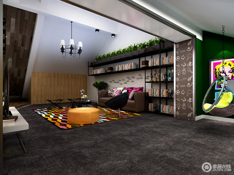 空间开阔，整体基调较为舒适，加重了空间的实用性；黑灰色地毯与咖色趣味壁纸构成深色大气，让空间尤为沉寂；简约的书架、咖色沙发在彩色地毯的点缀中十分摩登。