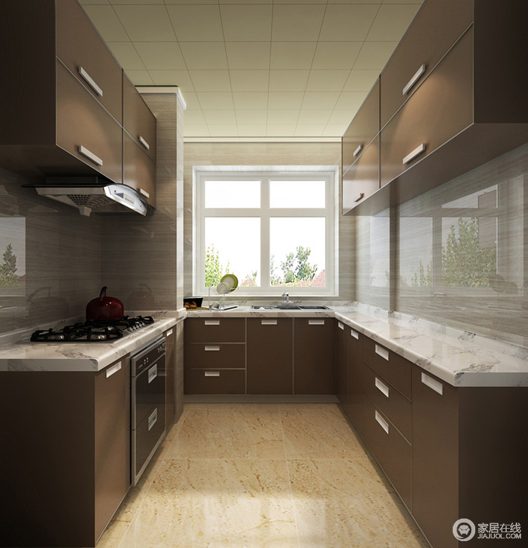 小巧的厨房利落大气，咖色整体橱柜质感真实，兼具着美观与实用。