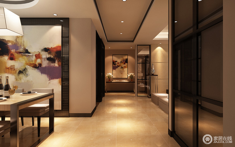 简洁的走廊连接各个空间，墙面上的茶色玻璃镜折射着餐厅墙上的大幅涂鸦画作，与端景墙上的挂画形成呼应之势，加上点光源的营造，带着内敛温和的时尚感。
