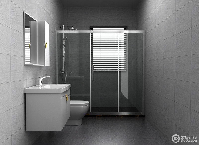 灰色调的卫浴间十分简单，以最大的实用性来彰显空间的宽敞度，这也是人性化的需求；悬挂盥洗台和镜饰令空间格外与众不同。